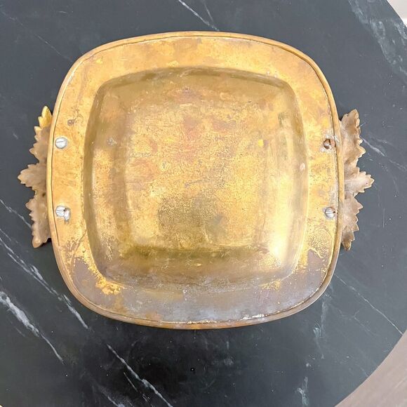 Vintage 10in Square Brass Tray Trinket Dish Ivy Leaf Handles Gold - Picture 6 of 9